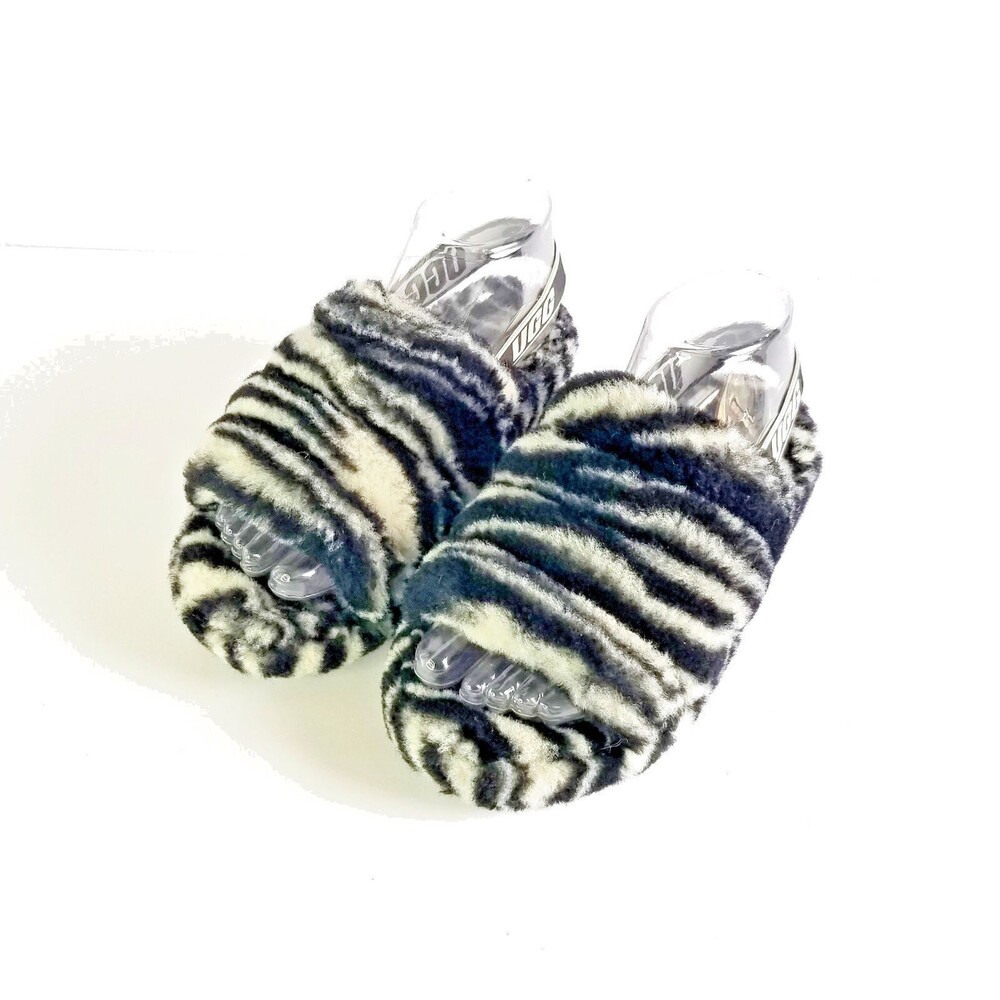 UGG Fluff Yeah Slide Black White Zebra Slipper Sandal Sz 5 36 Sheepskin Fur - Picture 14 of 14